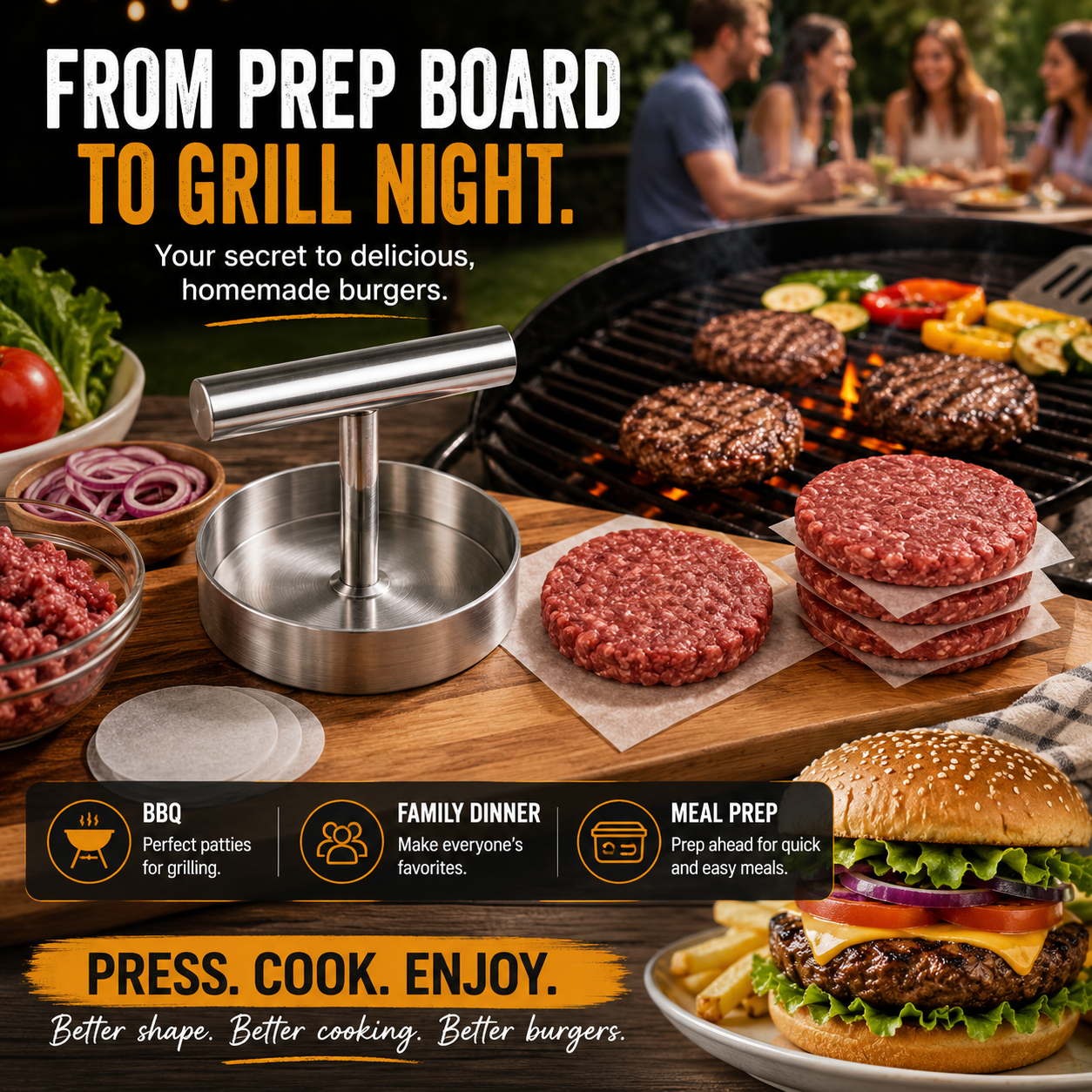 🍔 Stainless Steel Burger Patty Press – Manual Hamburger Maker for BBQ and Meal Prep