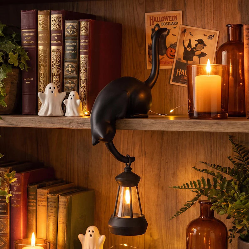 Black and White Cat-Shaped Book-Style Lantern Stand