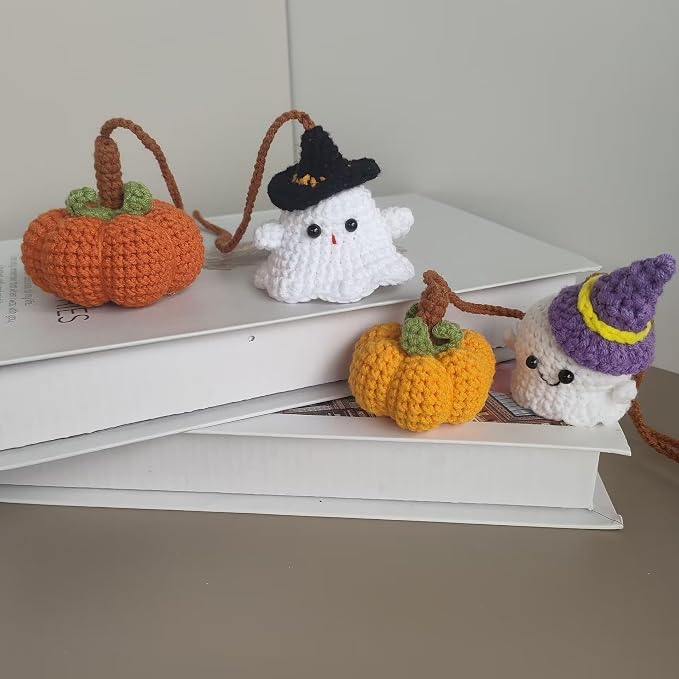 Handmade Halloween Hanging Ornament Crochet Pumpkin and Ghost
