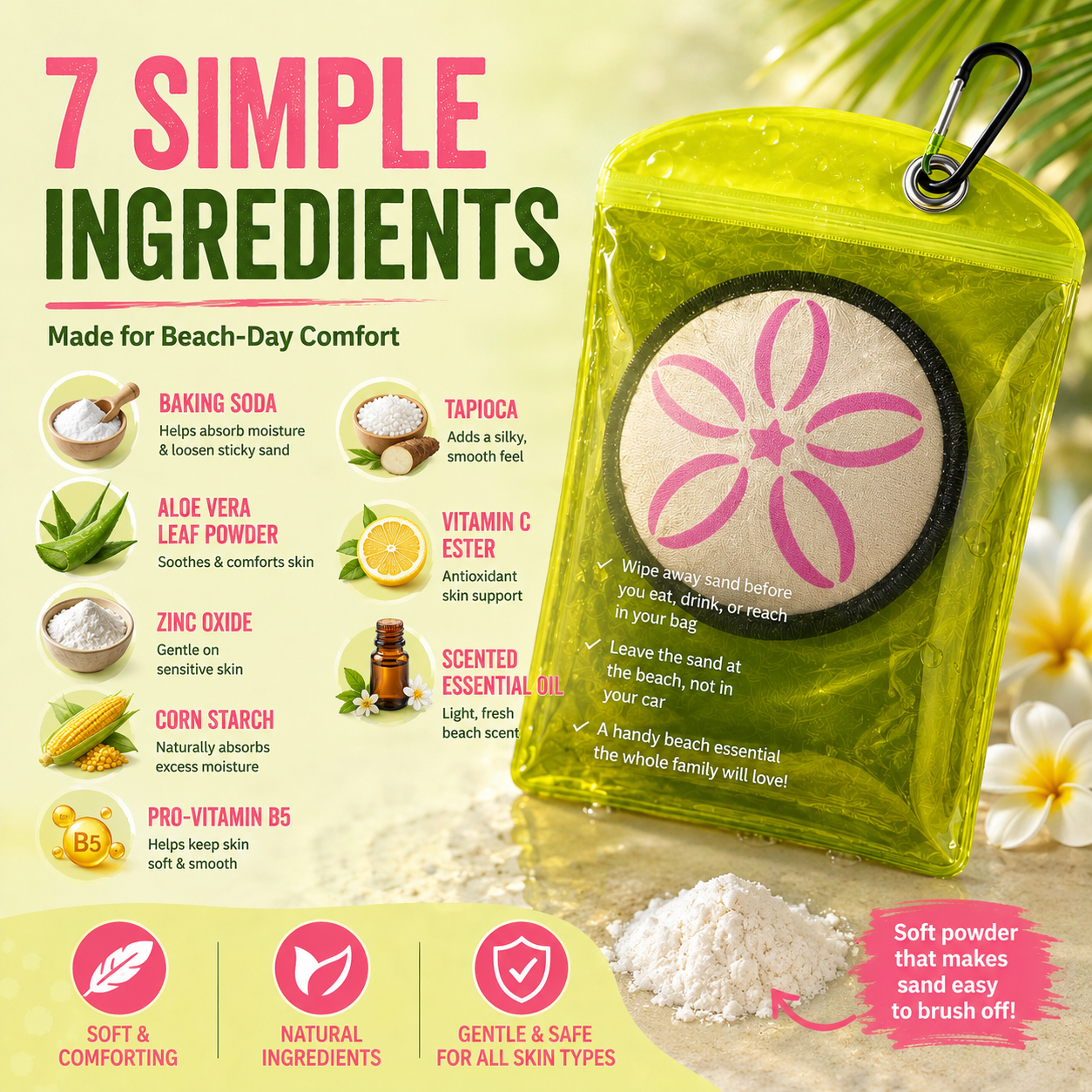 Must-Have Beach Sand-Removal Bag — Gentle, skin-friendly formula featuring seven natural ingredients and coconut oil; talc-free—an essential for your beach trip.