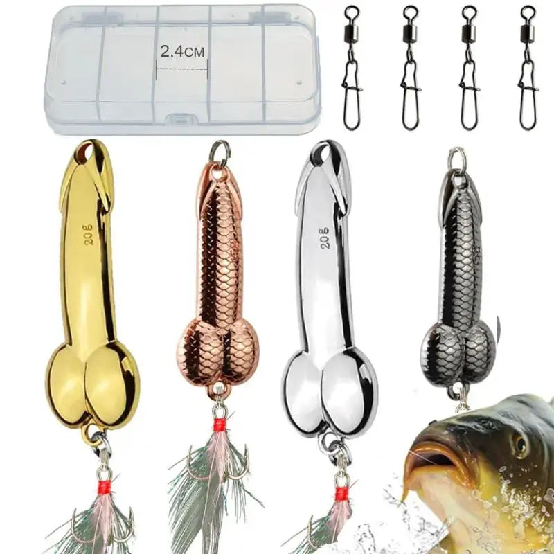 4-Piece Fun Fishing Lure Set: Topwater metal casting lures featuring sharp treble hooks, suitable for bass, trout, and predatory fish.