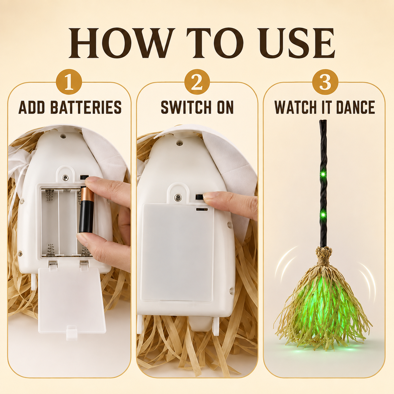 Christmas Decoration: Witch's Broom | Movable, voice/touch controlled, glowing, emits eerie sound effects, dances.