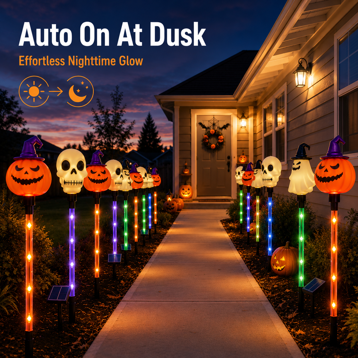 🎃 6-Light Solar Halloween Pathway Set – 1 Panel Powers 6 Lights 👻