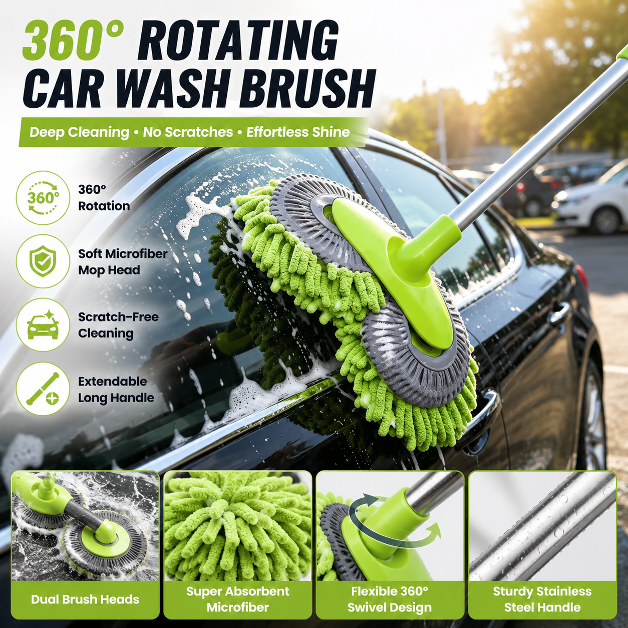 π43'' Long Handle Car Wash Mop, 3X Fast Clean, Retractable Aluminum Alloy Pole