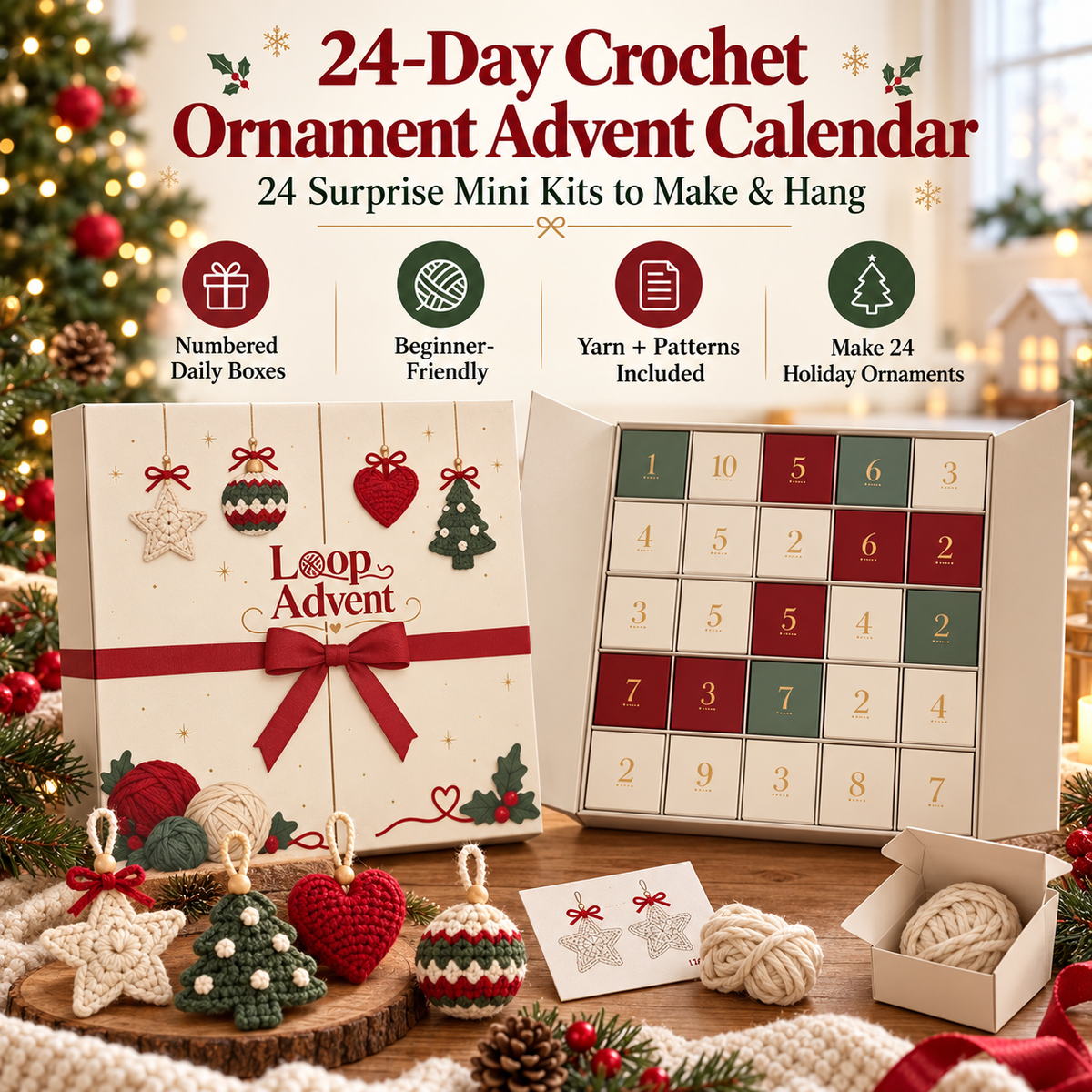 🎄 24-Day Crochet Christmas Advent Calendar – 24 Surprise DIY Ornament Kits to Make & Hang 🧶