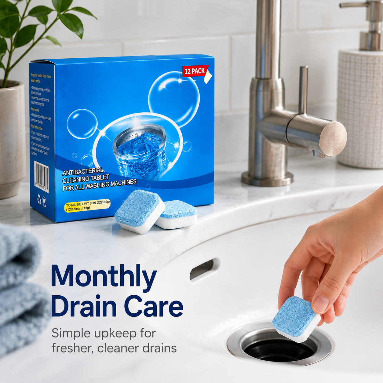 💥🫧Drain Cleaning Tablets 12 Pack For Sinks, Showers & Washing Machines