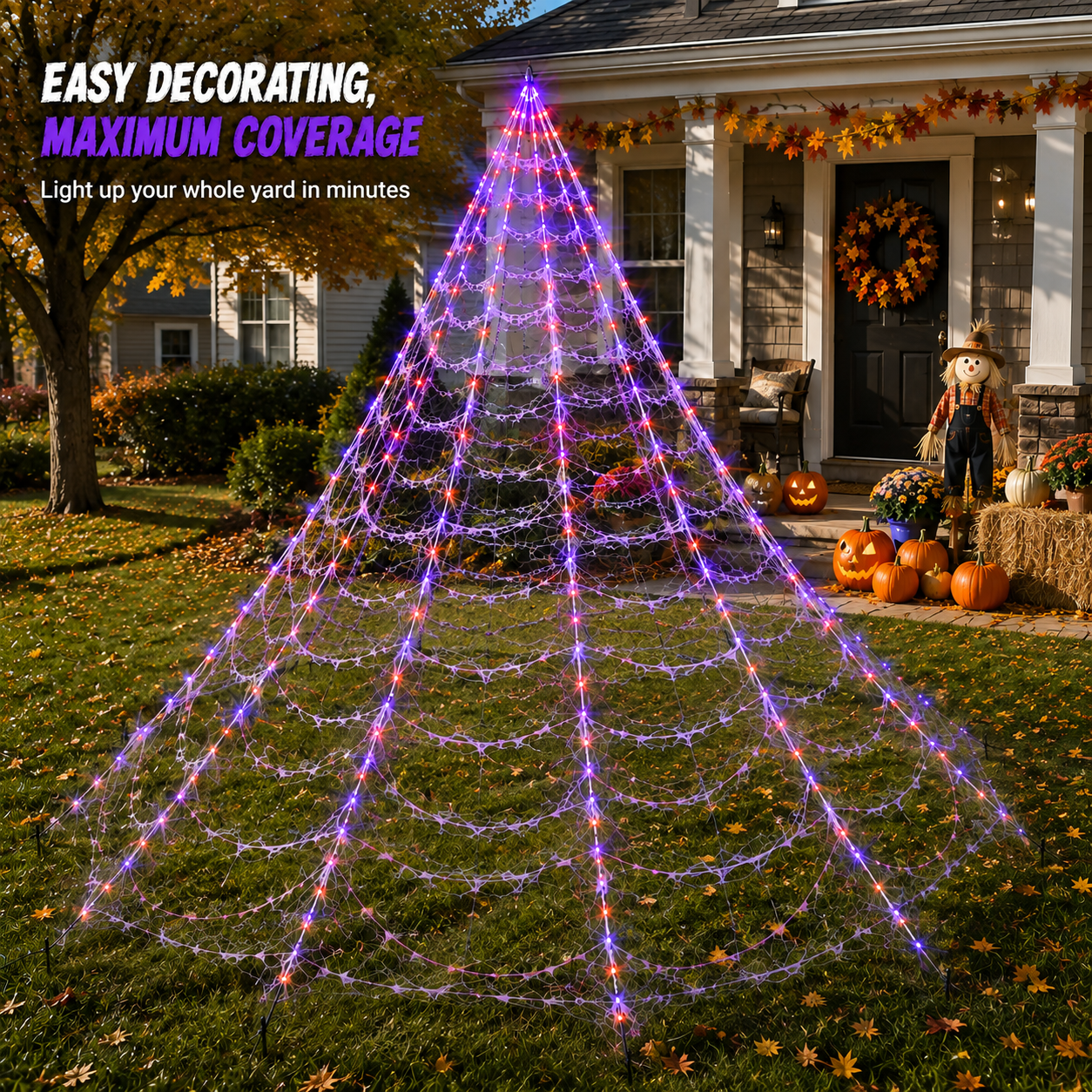 🔥🕷️250-LED Spider Web Lights with Giant Black Spider – 8 Modes & Remote