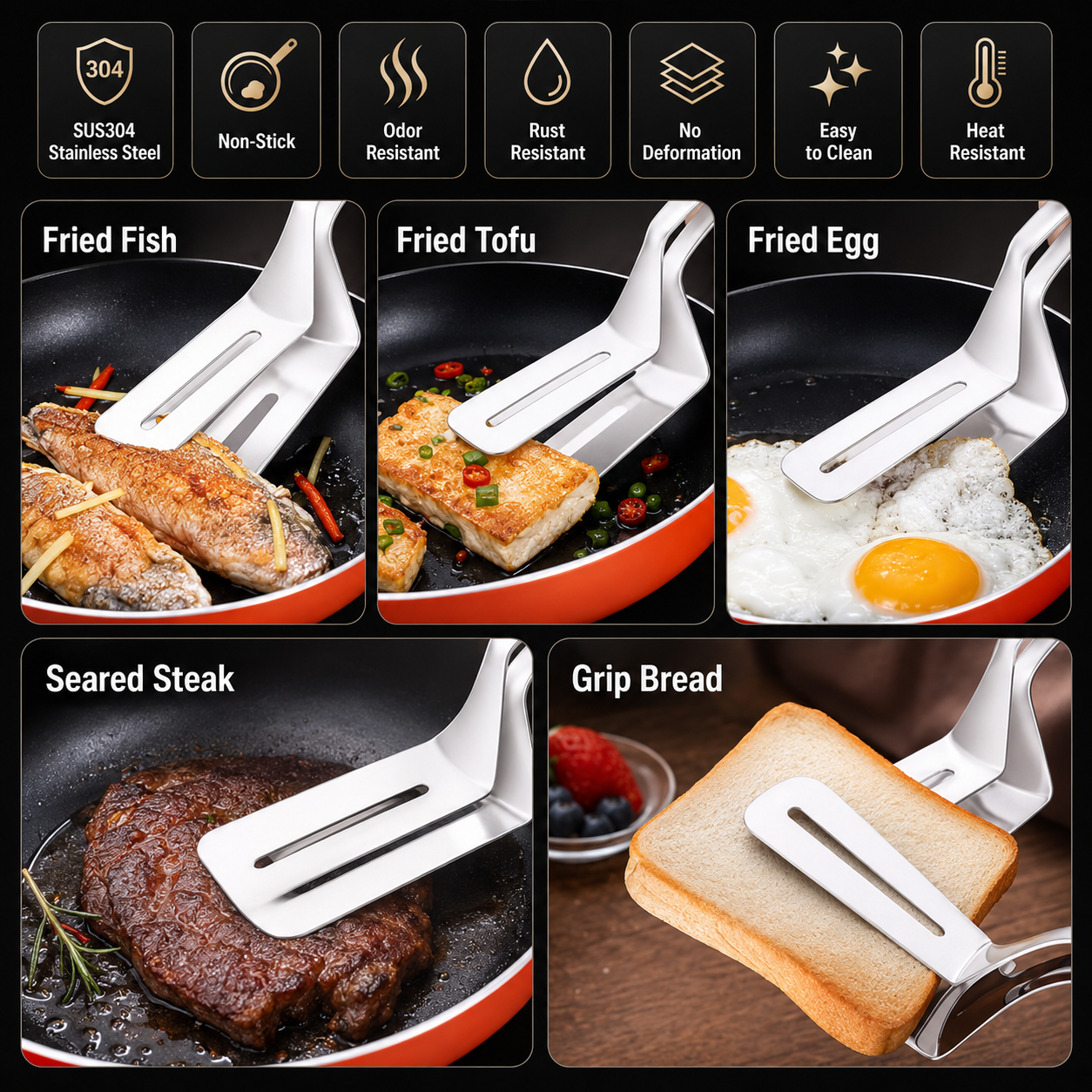 🍳 2-in-1 Spatula Tongs for Cooking and BBQ – Stainless Steel Food Flipper