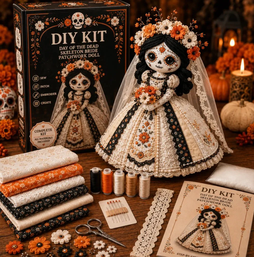 Day Of The Dead Patchwork Doll DIY Sewing Kit - Handmade Fabric Doll Craft Kit With Floral Details