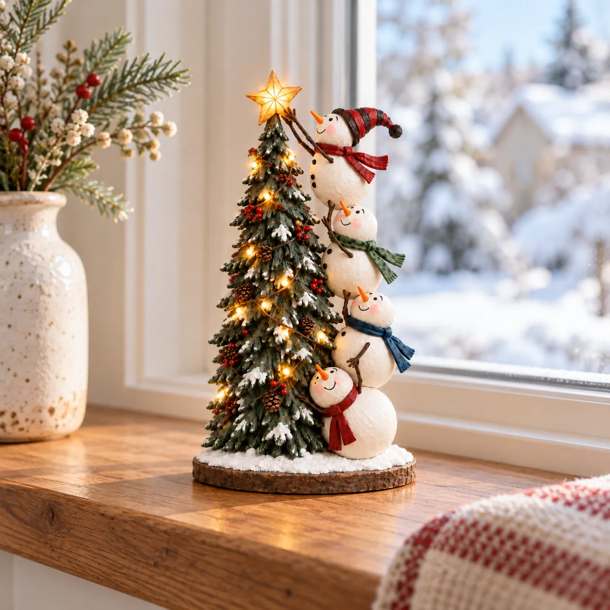 ☃️🎄 Snowmen Topping the Christmas Tree™ – Lighted Holiday Figurine with Remote Control