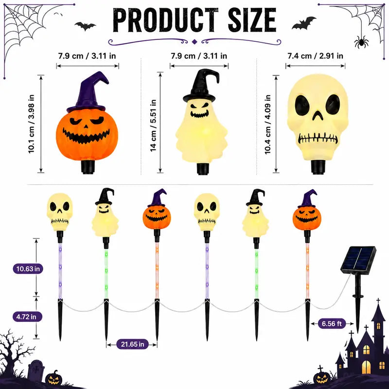 💀 Solar Halloween Stake Lights – Pumpkin Ghost Skull 6PCS & Retro Skull 5PCS