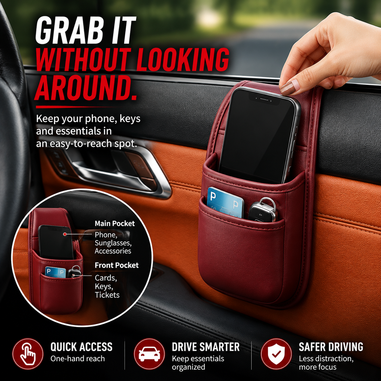 🚗 Slim Leather Car Door & Console Organizer Pocket