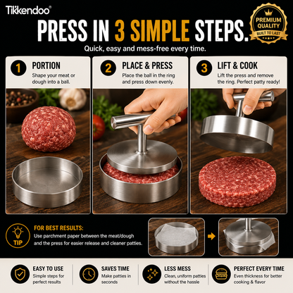 🍔 Stainless Steel Burger Patty Press – Manual Hamburger Maker for BBQ and Meal Prep