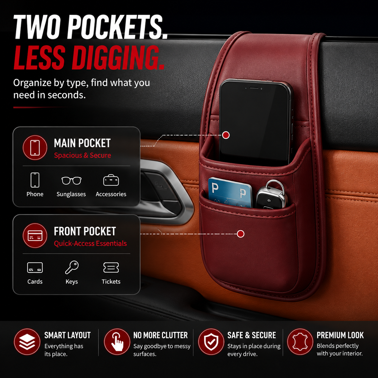 🚗 Slim Leather Car Door & Console Organizer Pocket