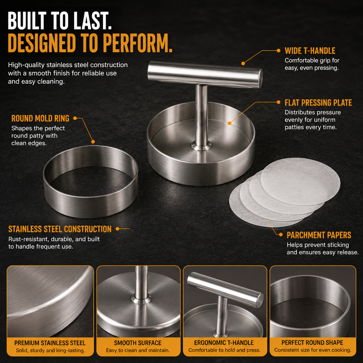 🍔 Stainless Steel Burger Patty Press – Manual Hamburger Maker for BBQ and Meal Prep