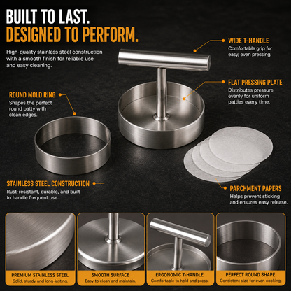 🍔 Stainless Steel Burger Patty Press – Manual Hamburger Maker for BBQ and Meal Prep