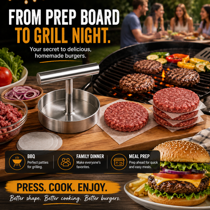 🍔 Stainless Steel Burger Patty Press – Manual Hamburger Maker for BBQ and Meal Prep