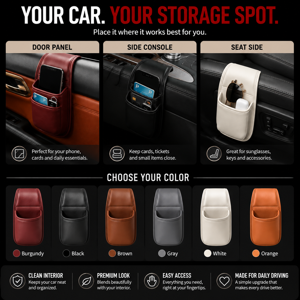 🚗 Slim Leather Car Door & Console Organizer Pocket