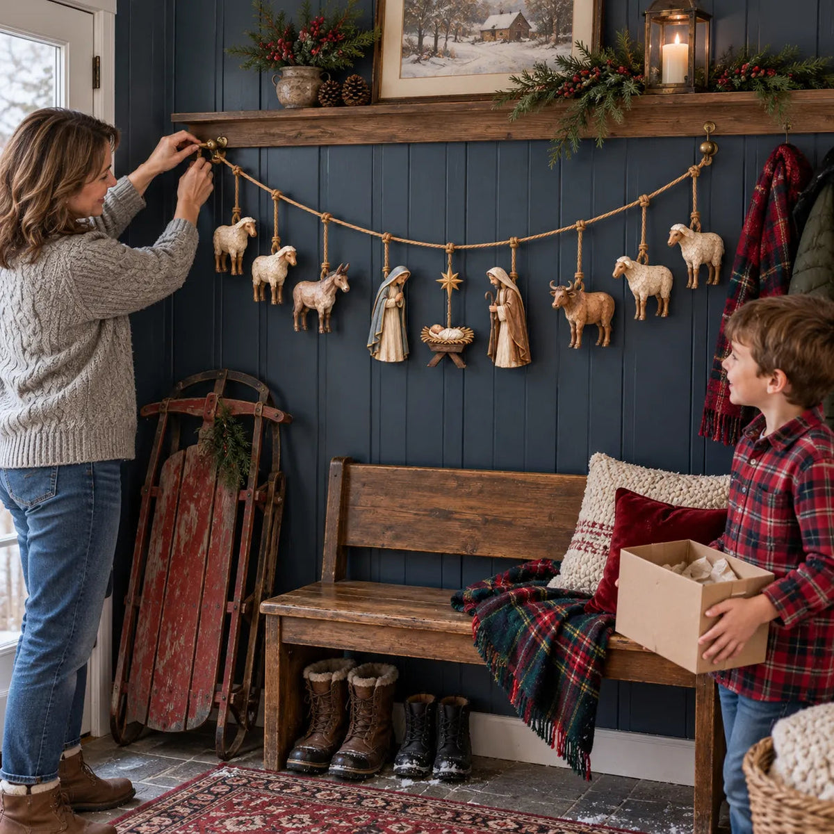 🎄 Handcrafted Wooden Nativity Garland – A Timeless Touch of Christmas Charm ✨