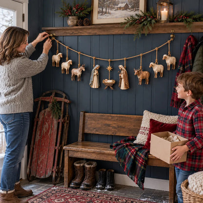 🎄 Handcrafted Wooden Nativity Garland – A Timeless Touch of Christmas Charm ✨