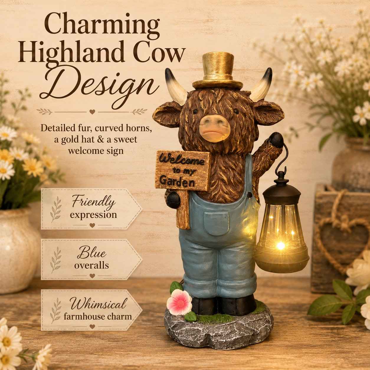 🔥50% OFF TODAY🔥 Highland Cow Garden Lantern Statue 🐮✨ Rustic Farmhouse Outdoor Decor for Garden, Porch, Patio & Yard
