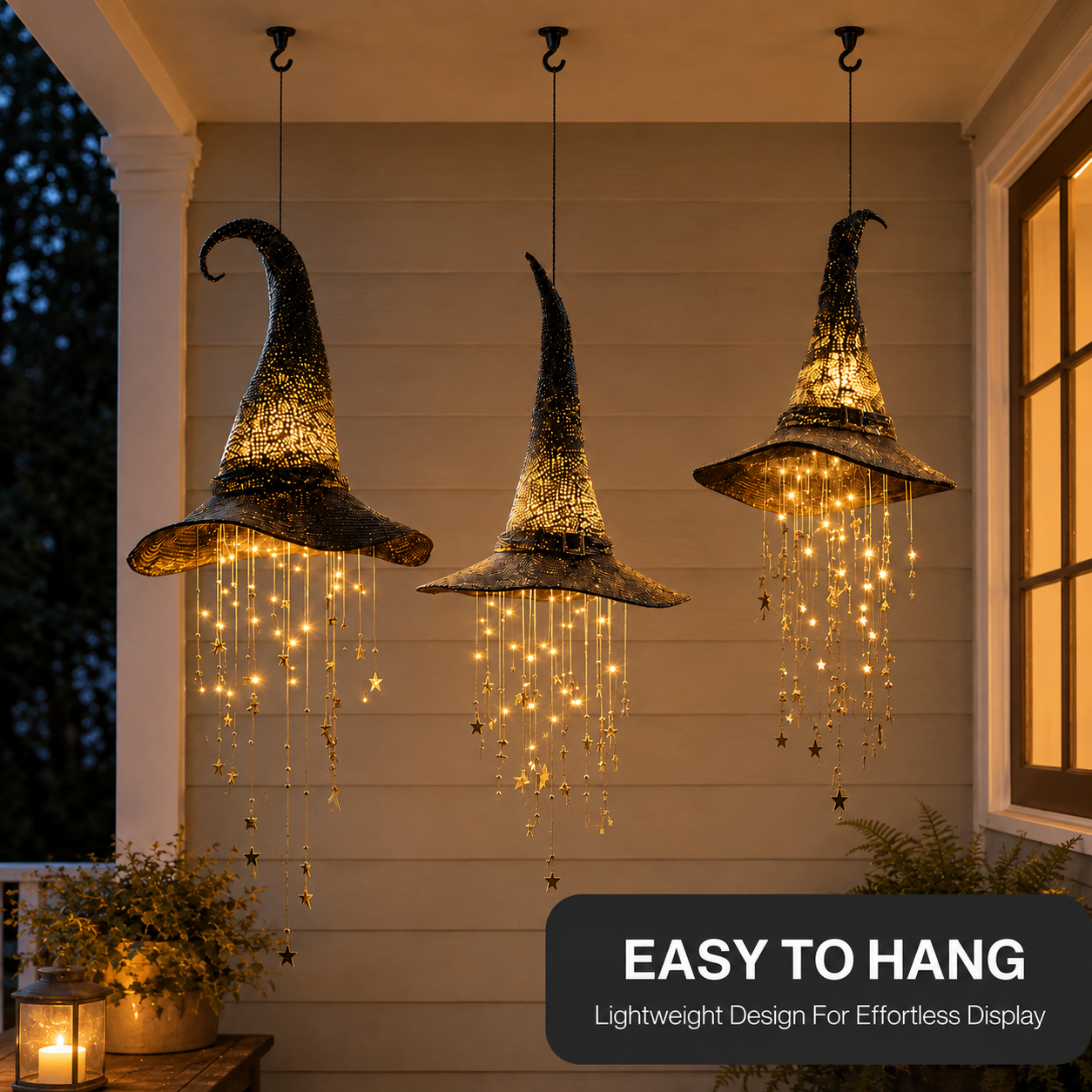 🧙‍♀️ Lighted Witch Hat Hanging Chime – Halloween Star & Moon Decor