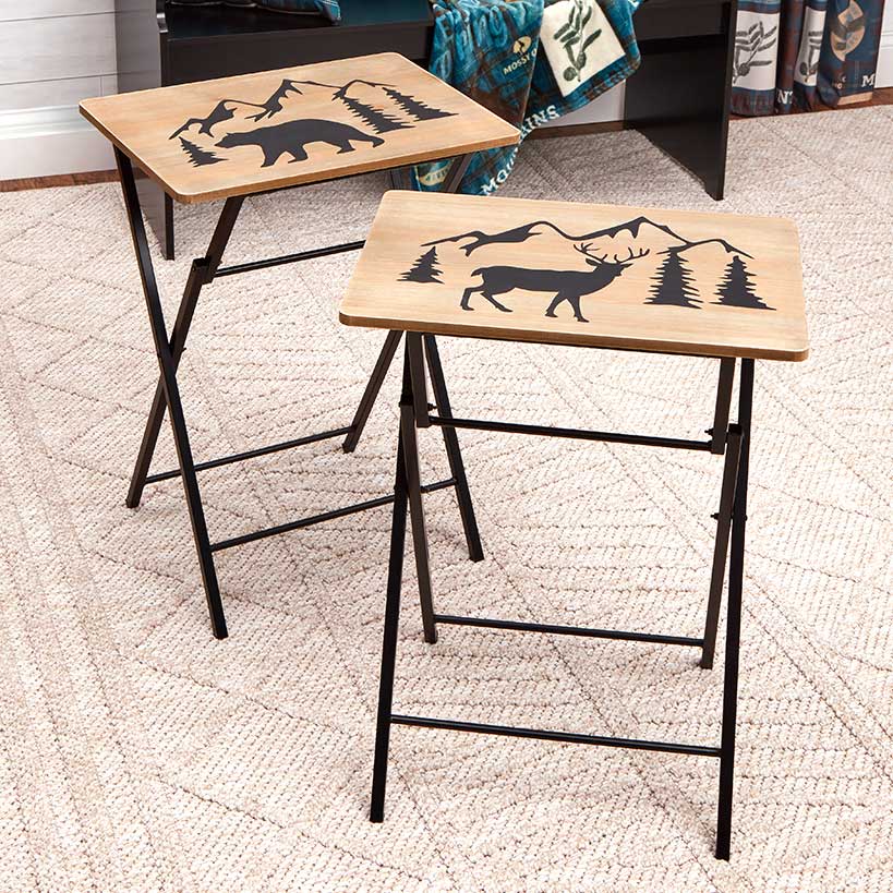 Portable Wood Folding Tray Table with Lodge Design - Bear or Deer