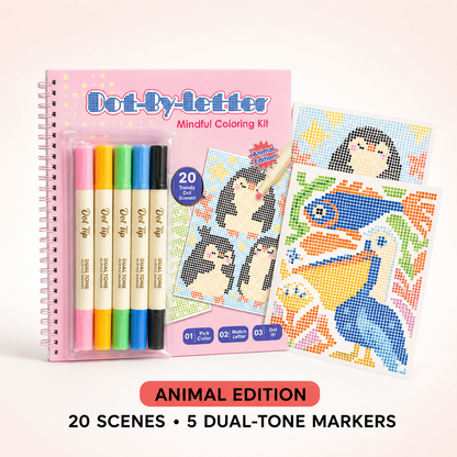 🎨📖Dot-By-Letter Mindful Coloring Kit - Stress Relief Dot Marker Art Set with 10 Vibrant Colors & 20 Hidden Scene