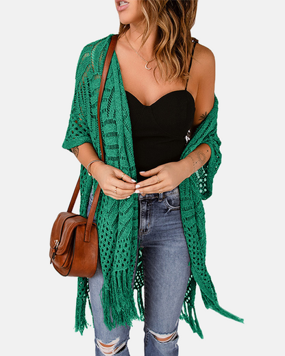 Oversized Crochet Cardigan – Boho Tassel Kimono