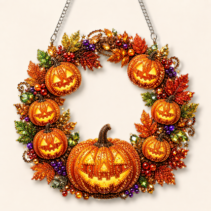 🍂 Autumnal pumpkin wreath with a diamond pattern to hang up – Complete DIY kit
