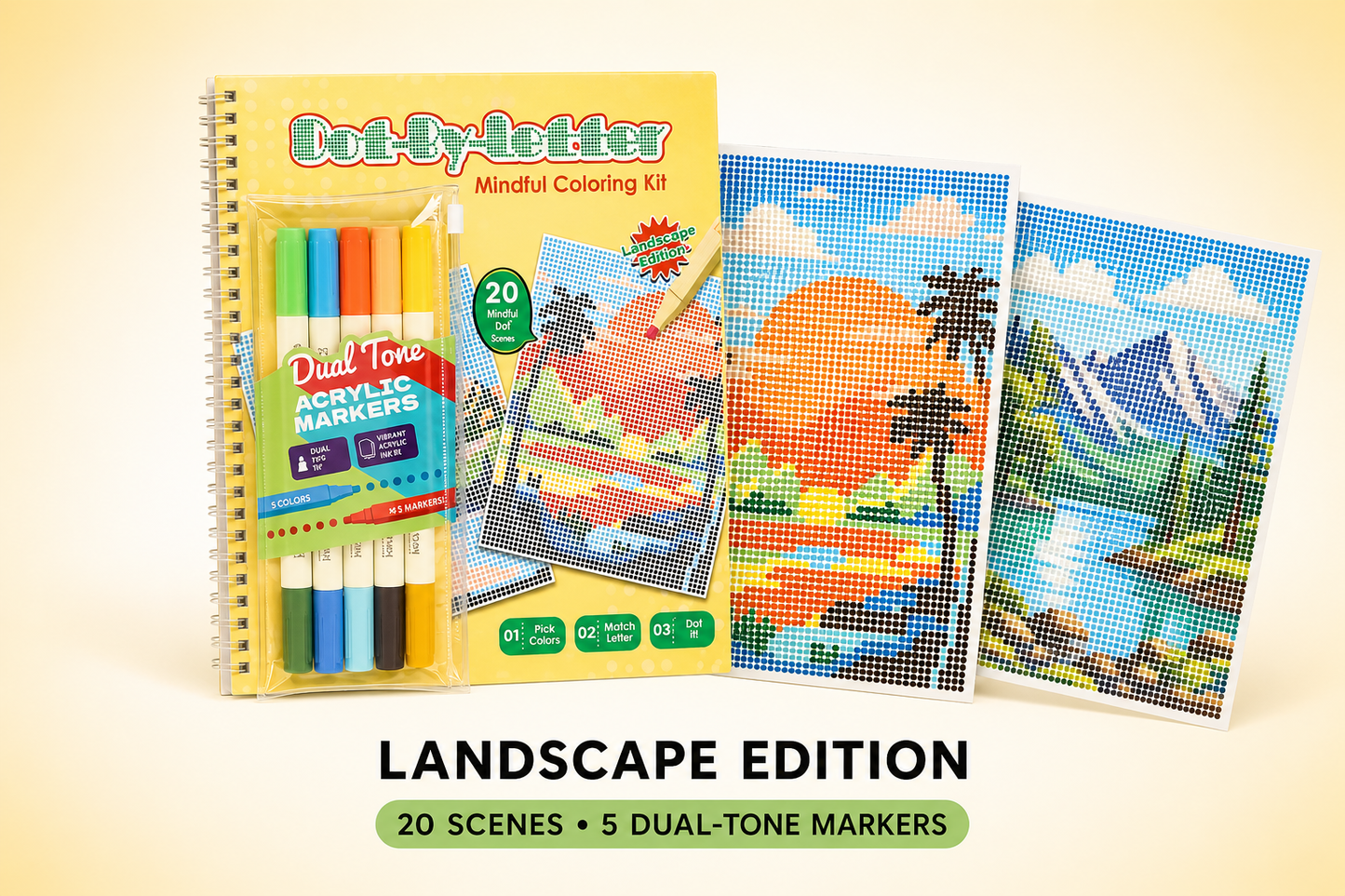 🎨📖Dot-By-Letter Mindful Coloring Kit - Stress Relief Dot Marker Art Set with 10 Vibrant Colors & 20 Hidden Scene