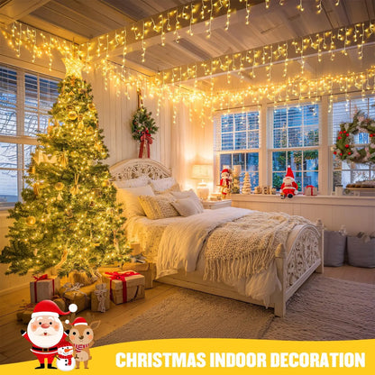 66ft 600-LED Christmas Icicle Lights – Outdoor Lights with Connectable Clear Wire, 8 Modes, Timer, Plug-in, Waterproof; Suitable for Eaves, Patios, Parties, and Indoor Holiday Decor; Includes Switch; Warm White