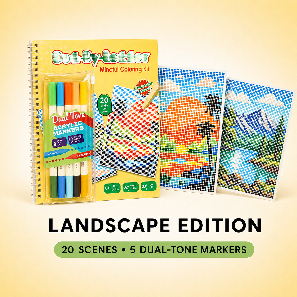 🎨📖Dot-By-Letter Mindful Coloring Kit - Stress Relief Dot Marker Art Set with 10 Vibrant Colors & 20 Hidden Scene
