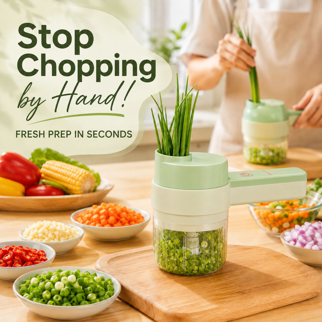 🧄 4-in-1 Handheld Electric Chopper: Slice, Mince, Peel & Auto-Clean!