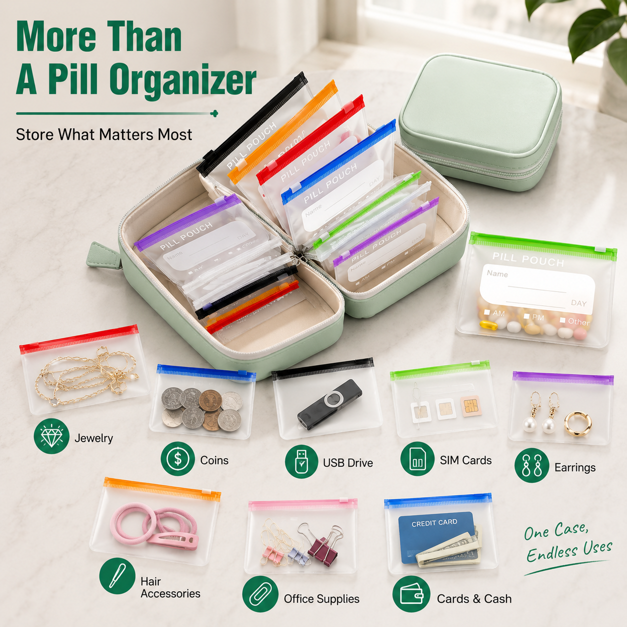 💊 14-Pouch Travel Pill Organizer – Color-Coded Medicine & Vitamin Case