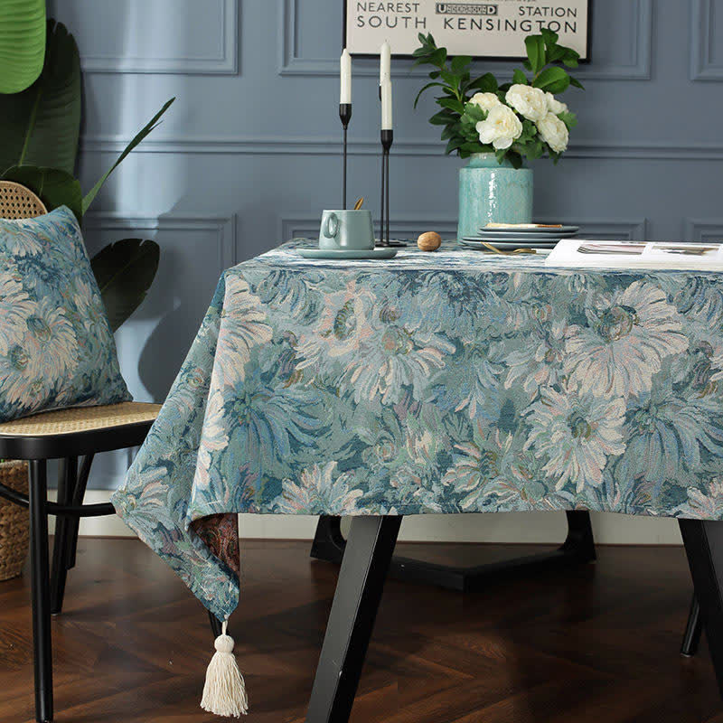 Onwkoti Flower Oil Painting Style Tassel Tablecloth