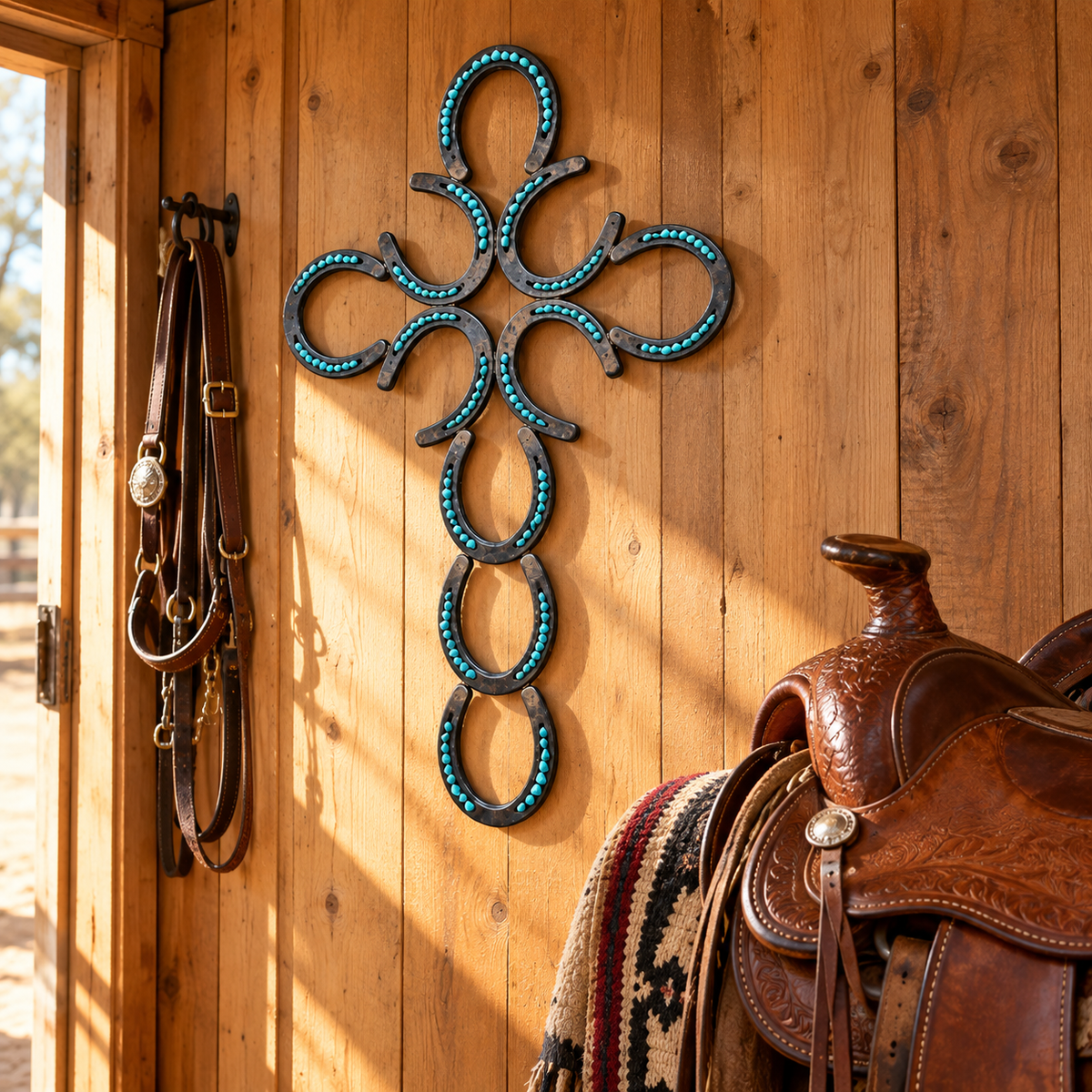 ✝️🐎 Hand-Welded Horseshoe Cross – Rustic Western Wall Decor