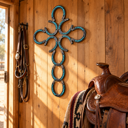 ✝️🐎 Hand-Welded Horseshoe Cross – Rustic Western Wall Decor