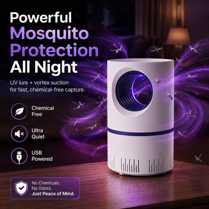 UV mosquito trap—ultra-quiet (30 dB), powerful suction, chemical-free, and safe for children and pets.