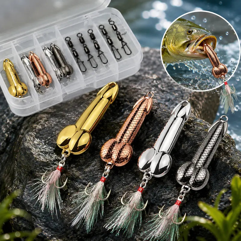 4-Piece Fun Fishing Lure Set: Topwater metal casting lures featuring sharp treble hooks, suitable for bass, trout, and predatory fish.