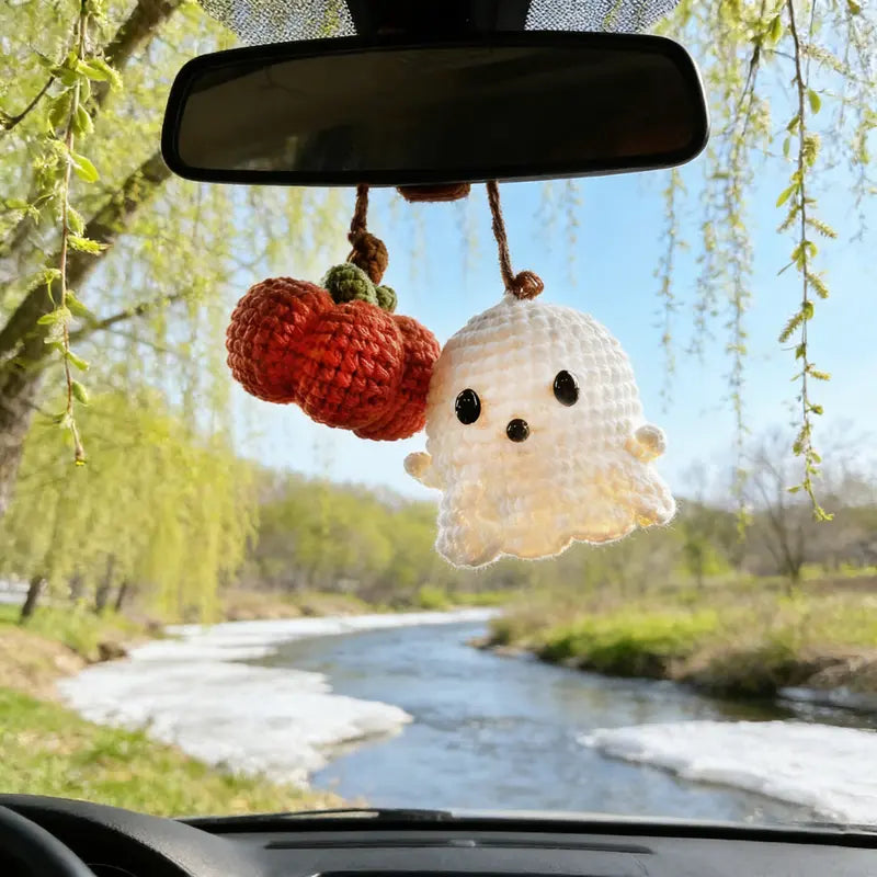Handmade Halloween Hanging Ornament Crochet Pumpkin and Ghost