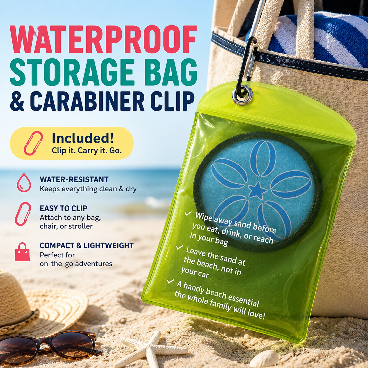 Must-Have Beach Sand-Removal Bag — Gentle, skin-friendly formula featuring seven natural ingredients and coconut oil; talc-free—an essential for your beach trip.
