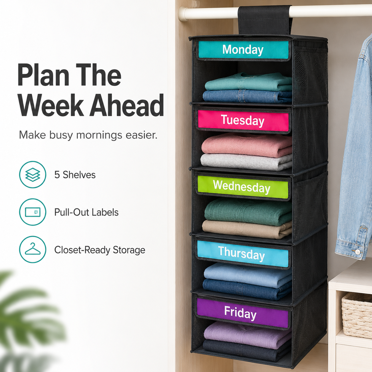 🎁 50% OFF TODAY 👗 5-Day Hanging Outfit Organizer ✨ Plan 5 Outfits. Grab & Go.