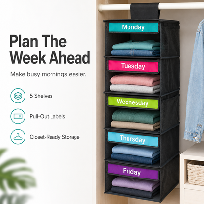 🎁 50% OFF TODAY 👗 5-Day Hanging Outfit Organizer ✨ Plan 5 Outfits. Grab & Go.