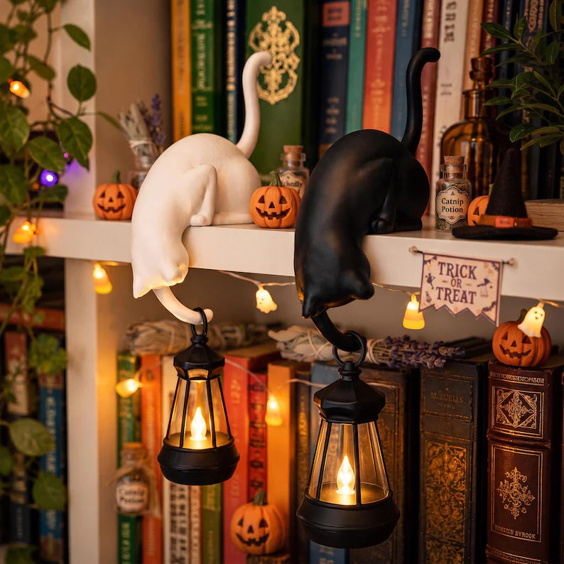 Black and White Cat-Shaped Book-Style Lantern Stand