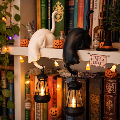 Black and White Cat-Shaped Book-Style Lantern Stand