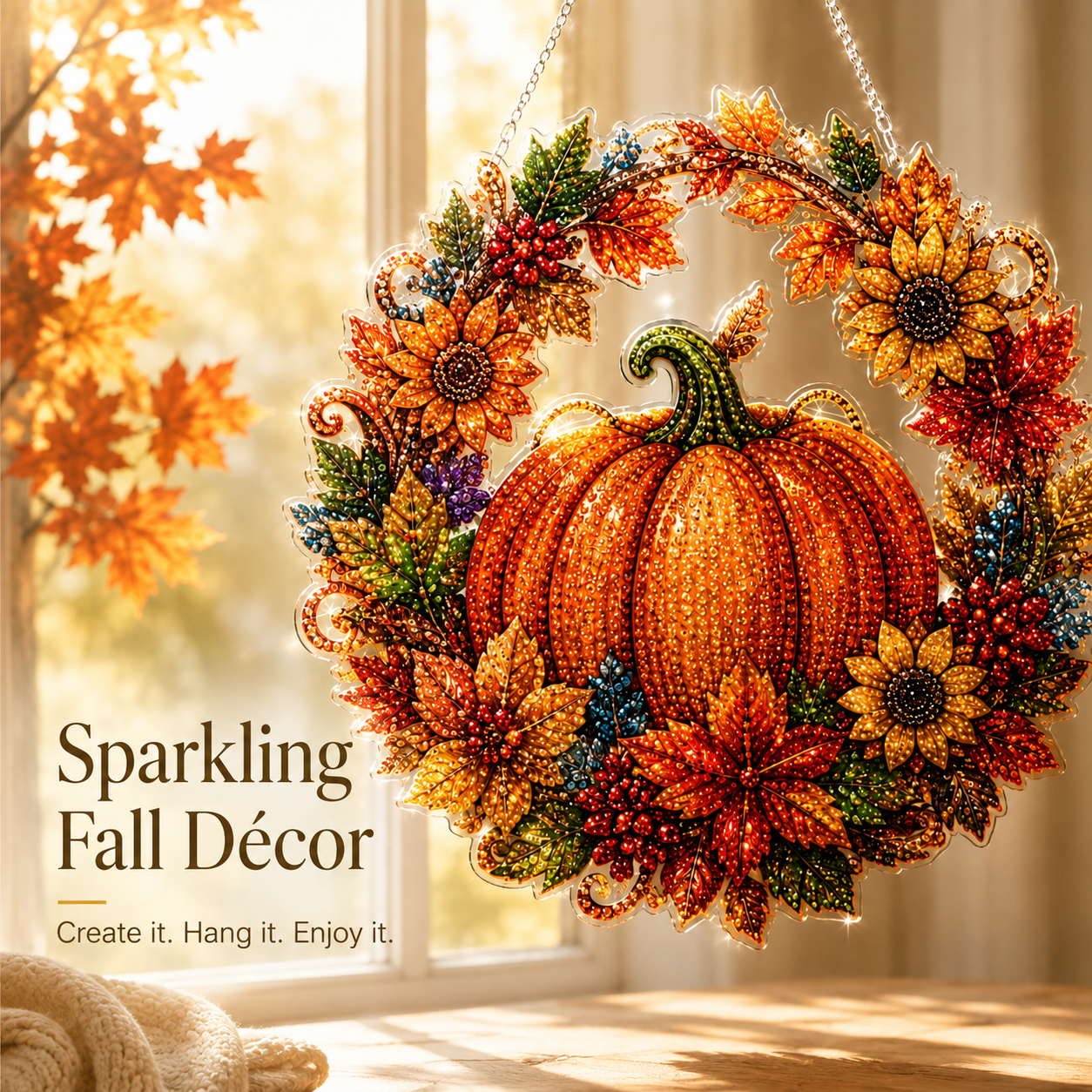 🍂 Autumnal pumpkin wreath with a diamond pattern to hang up – Complete DIY kit