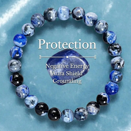 A Blue Fire Agate bracelet, possessing protective properties and benefits for memory.