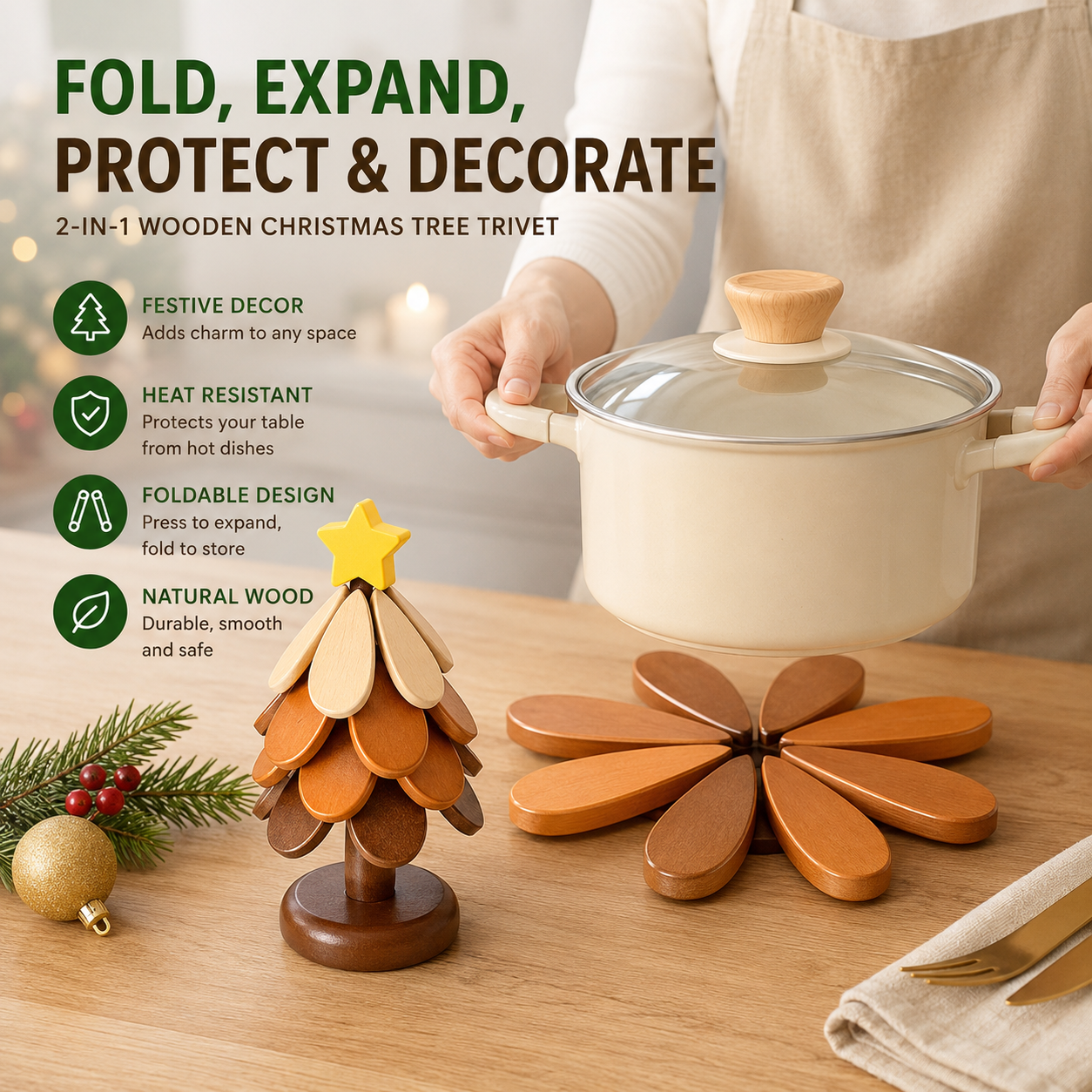 🎄 50% OFF Today | Folding Wooden Christmas Tree Trivet | Heat Resistant Expandable Solid Wood Pot Holder & Holiday Table Decor