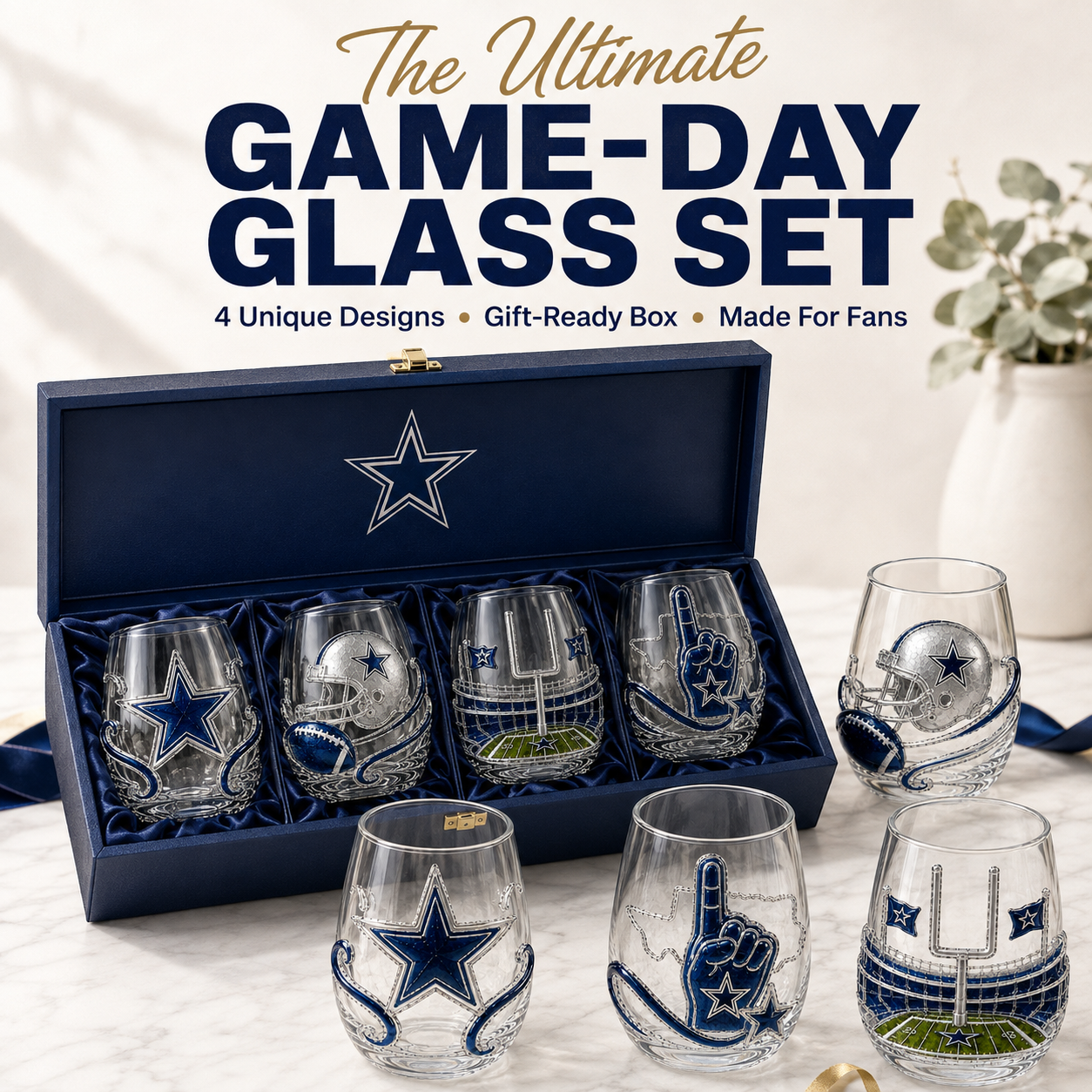 🏈 Game Day Football Fan Glass Gift Set – 4 Unique Stemless Glasses